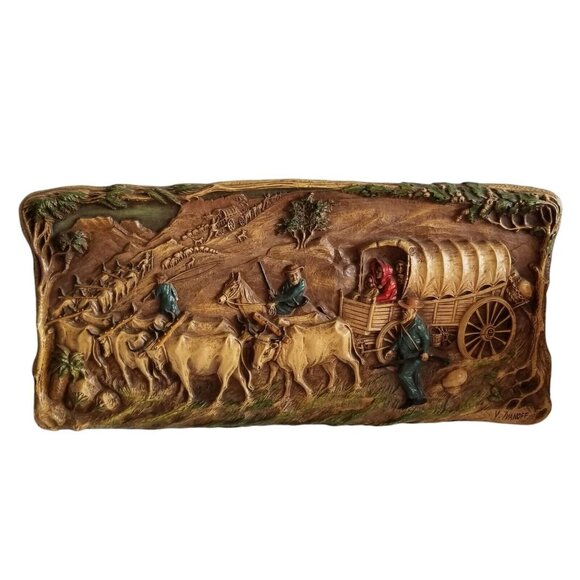 Vintage Wall Decor Wagon Train VOORTREKKER Scene SIGNED Victor Ivanoff Pioneer